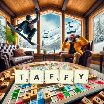Creative illustration for a Scrabble game with the word TAFFY spelled out in tiles on the board.