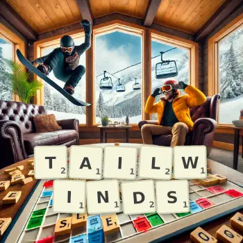 Creative illustration for a Scrabble game with the word TAILWINDS spelled out in tiles on the board.