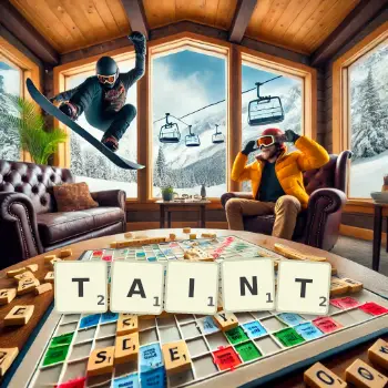 Creative illustration for a Scrabble game with the word TAINT spelled out in tiles on the board.
