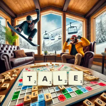 Creative illustration for a Scrabble game with the word TALE spelled out in tiles on the board.