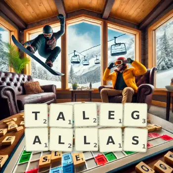 Creative illustration for a Scrabble game with the word TALEGALLAS spelled out in tiles on the board.