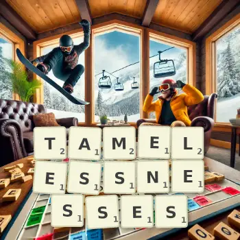 Creative illustration for a Scrabble game with the word TAMELESSNESSES spelled out in tiles on the board.