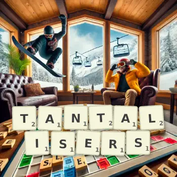 Creative illustration for a Scrabble game with the word TANTALISERS spelled out in tiles on the board.