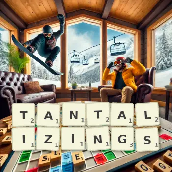 Creative illustration for a Scrabble game with the word TANTALIZINGS spelled out in tiles on the board.
