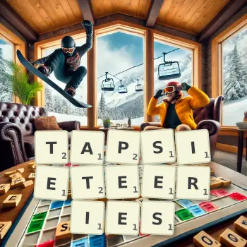 Creative illustration for a Scrabble game with the word TAPSIETEERIES spelled out in tiles on the board.