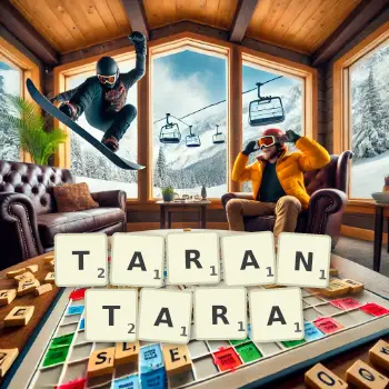 Creative illustration for a Scrabble game with the word TARANTARA spelled out in tiles on the board.