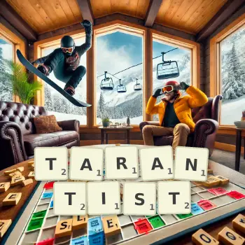 Creative illustration for a Scrabble game with the word TARANTIST spelled out in tiles on the board.