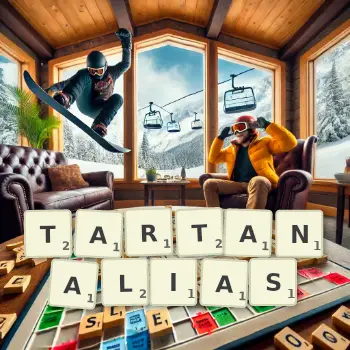 Creative illustration for a Scrabble game with the word TARTANALIAS spelled out in tiles on the board.