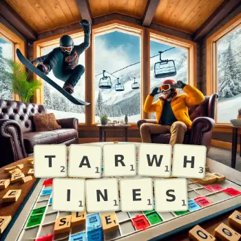 Creative illustration for a Scrabble game with the word TARWHINES spelled out in tiles on the board.