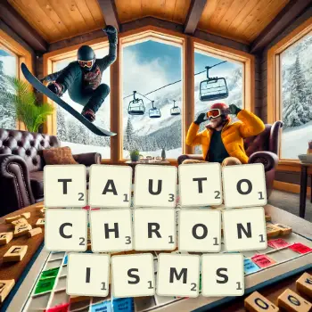 Creative illustration for a Scrabble game with the word TAUTOCHRONISMS spelled out in tiles on the board.