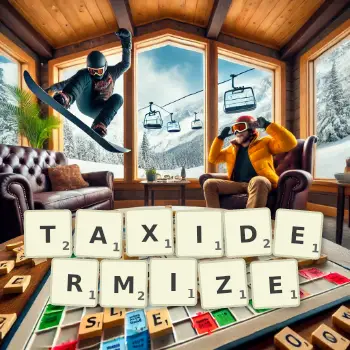Creative illustration for a Scrabble game with the word TAXIDERMIZE spelled out in tiles on the board.