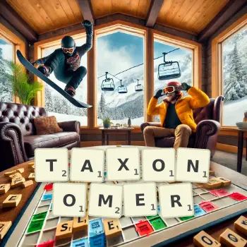 Creative illustration for a Scrabble game with the word TAXONOMER spelled out in tiles on the board.