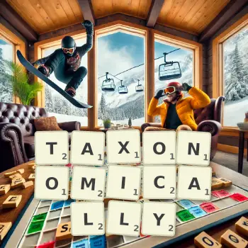 Creative illustration for a Scrabble game with the word TAXONOMICALLY spelled out in tiles on the board.