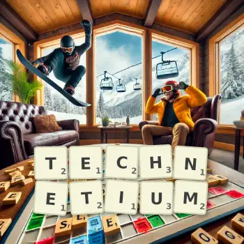 Creative illustration for a Scrabble game with the word TECHNETIUM spelled out in tiles on the board.