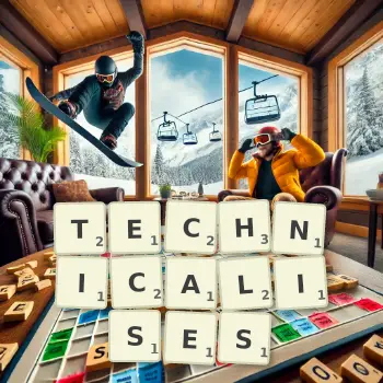 Creative illustration for a Scrabble game with the word TECHNICALISES spelled out in tiles on the board.