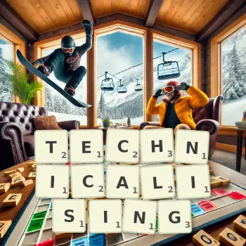 Creative illustration for a Scrabble game with the word TECHNICALISING spelled out in tiles on the board.