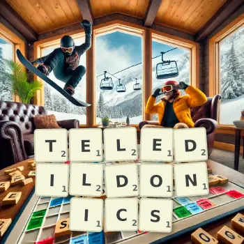 Creative illustration for a Scrabble game with the word TELEDILDONICS spelled out in tiles on the board.
