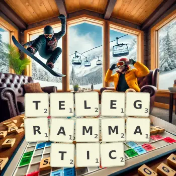 Creative illustration for a Scrabble game with the word TELEGRAMMATIC spelled out in tiles on the board.