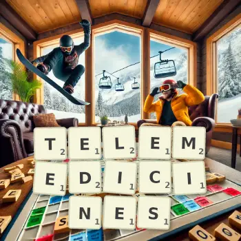Creative illustration for a Scrabble game with the word TELEMEDICINES spelled out in tiles on the board.