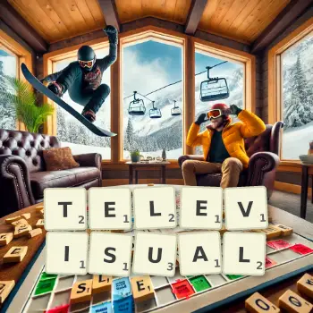 Creative illustration for a Scrabble game with the word TELEVISUAL spelled out in tiles on the board.
