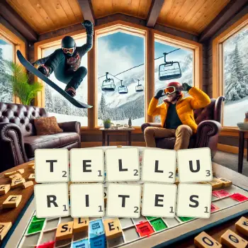 Creative illustration for a Scrabble game with the word TELLURITES spelled out in tiles on the board.