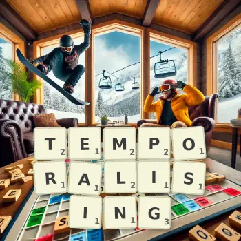 Creative illustration for a Scrabble game with the word TEMPORALISING spelled out in tiles on the board.