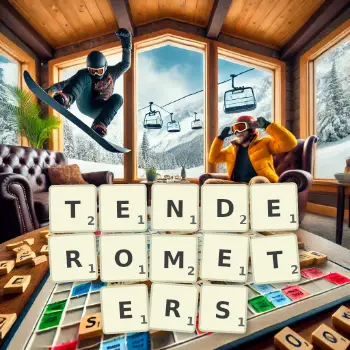 Creative illustration for a Scrabble game with the word TENDEROMETERS spelled out in tiles on the board.