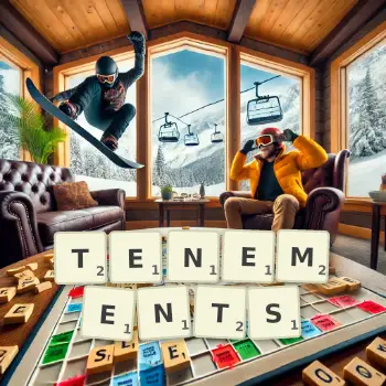Creative illustration for a Scrabble game with the word TENEMENTS spelled out in tiles on the board.