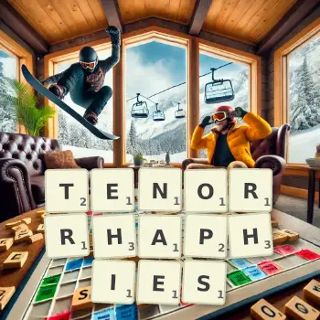 Creative illustration for a Scrabble game with the word TENORRHAPHIES spelled out in tiles on the board.