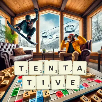 Creative illustration for a Scrabble game with the word TENTATIVE spelled out in tiles on the board.