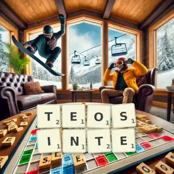 Creative illustration for a Scrabble game with the word TEOSINTE spelled out in tiles on the board.