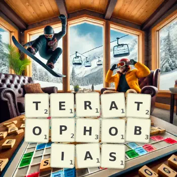 Creative illustration for a Scrabble game with the word TERATOPHOBIAS spelled out in tiles on the board.