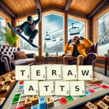 Creative illustration for a Scrabble game with the word TERAWATTS spelled out in tiles on the board.