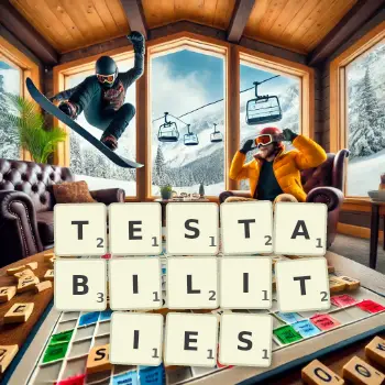 Creative illustration for a Scrabble game with the word TESTABILITIES spelled out in tiles on the board.