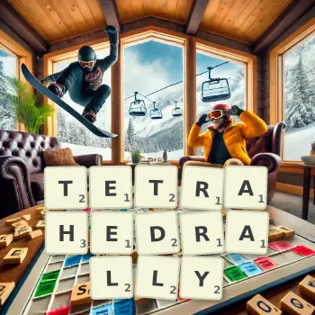 Creative illustration for a Scrabble game with the word TETRAHEDRALLY spelled out in tiles on the board.