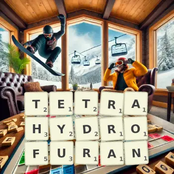Creative illustration for a Scrabble game with the word TETRAHYDROFURAN spelled out in tiles on the board.