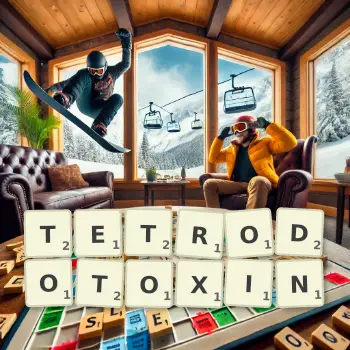 Creative illustration for a Scrabble game with the word TETRODOTOXIN spelled out in tiles on the board.