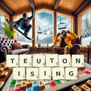 Creative illustration for a Scrabble game with the word TEUTONISING spelled out in tiles on the board.
