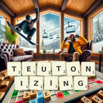 Creative illustration for a Scrabble game with the word TEUTONIZING spelled out in tiles on the board.