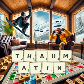 Creative illustration for a Scrabble game with the word THAUMATIN spelled out in tiles on the board.