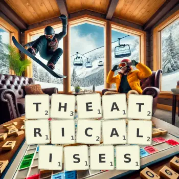 Creative illustration for a Scrabble game with the word THEATRICALISES spelled out in tiles on the board.