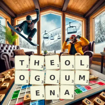 Creative illustration for a Scrabble game with the word THEOLOGOUMENA spelled out in tiles on the board.