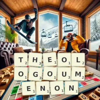 Creative illustration for a Scrabble game with the word THEOLOGOUMENON spelled out in tiles on the board.