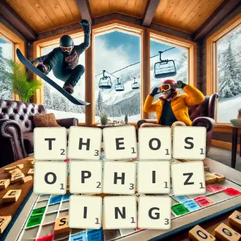 Creative illustration for a Scrabble game with the word THEOSOPHIZING spelled out in tiles on the board.