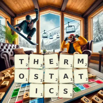 Creative illustration for a Scrabble game with the word THERMOSTATICS spelled out in tiles on the board.