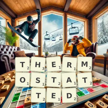 Creative illustration for a Scrabble game with the word THERMOSTATTED spelled out in tiles on the board.