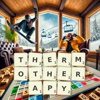 Creative illustration for a Scrabble game with the word THERMOTHERAPY spelled out in tiles on the board.