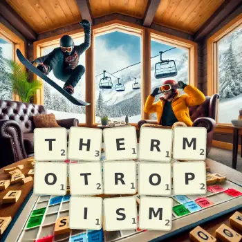 Creative illustration for a Scrabble game with the word THERMOTROPISM spelled out in tiles on the board.