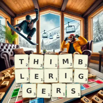 Creative illustration for a Scrabble game with the word THIMBLERIGGERS spelled out in tiles on the board.