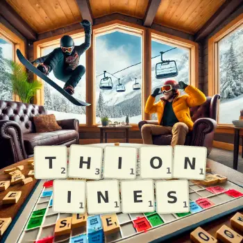 Creative illustration for a Scrabble game with the word THIONINES spelled out in tiles on the board.